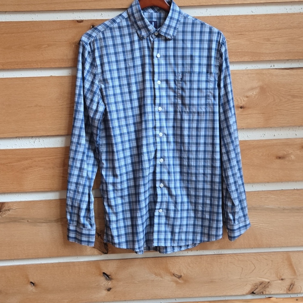 Johnnie-O Mens Blue Plaid Bamboo Blend Performance Button Down Shirt Medium
